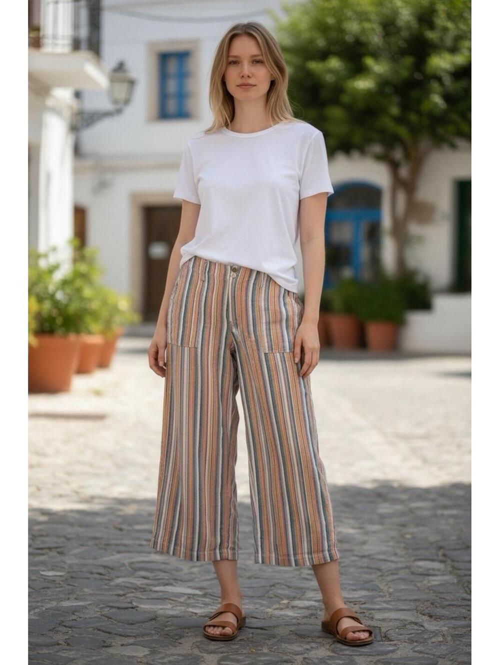 🌈 Seven7 Linen Blend Wide Leg Crop Pants Sz 16 Striped